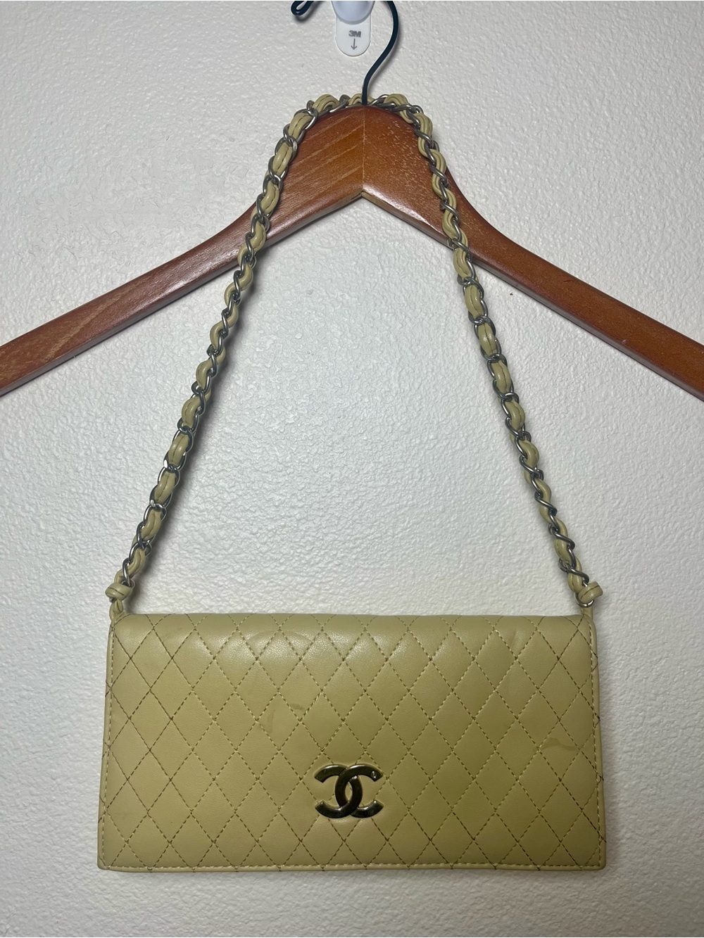 Beige Quilted Shoulder Bag with Chain Strap